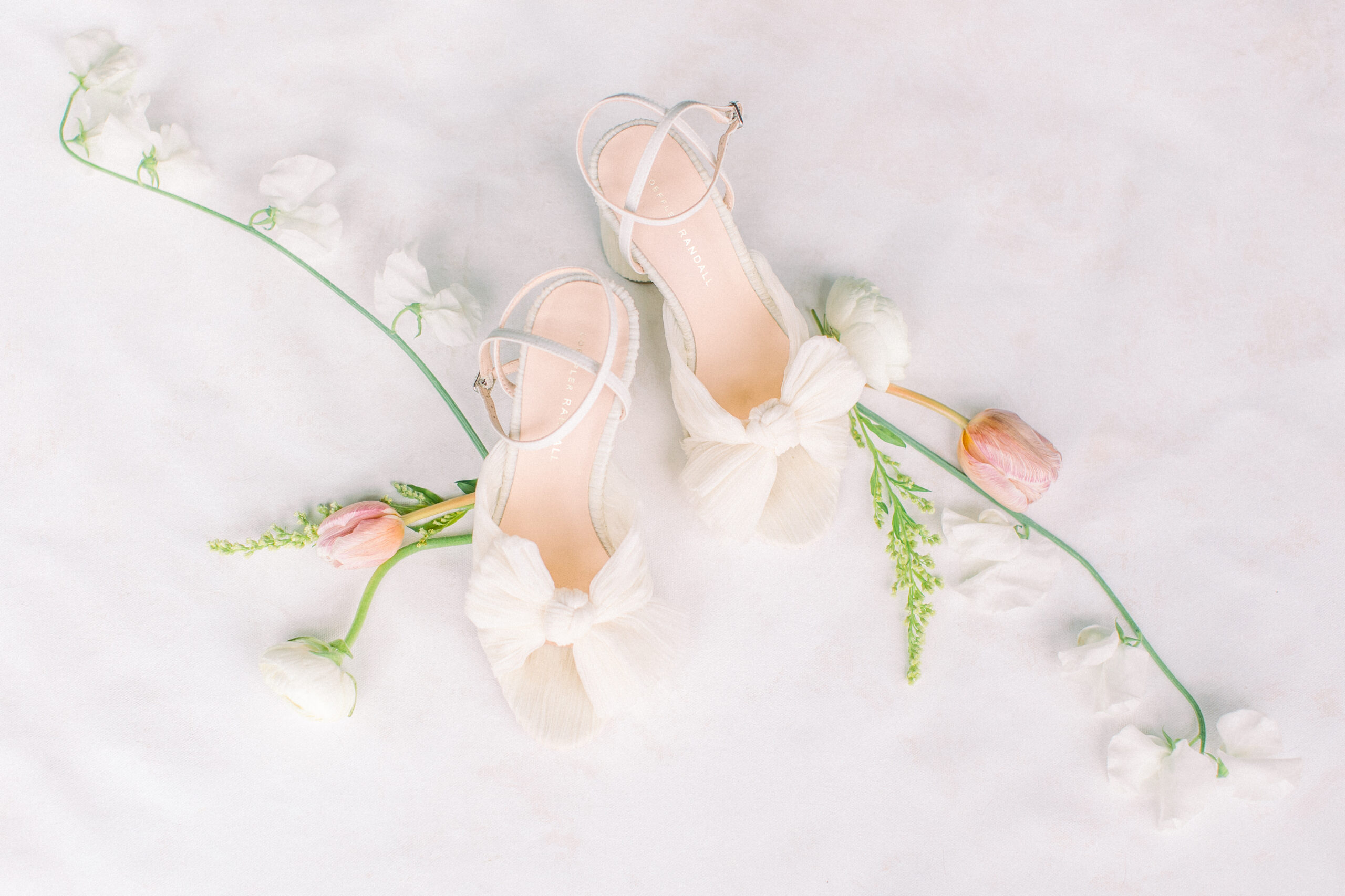 Flat Lay Photo with Loeffler Randall Pearl Wedding Heels and Luxury Florals
